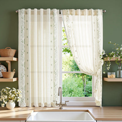 jinchan Beige Floral Linen Kitchen Tier Curtains 50x45 Inch 2 Panels