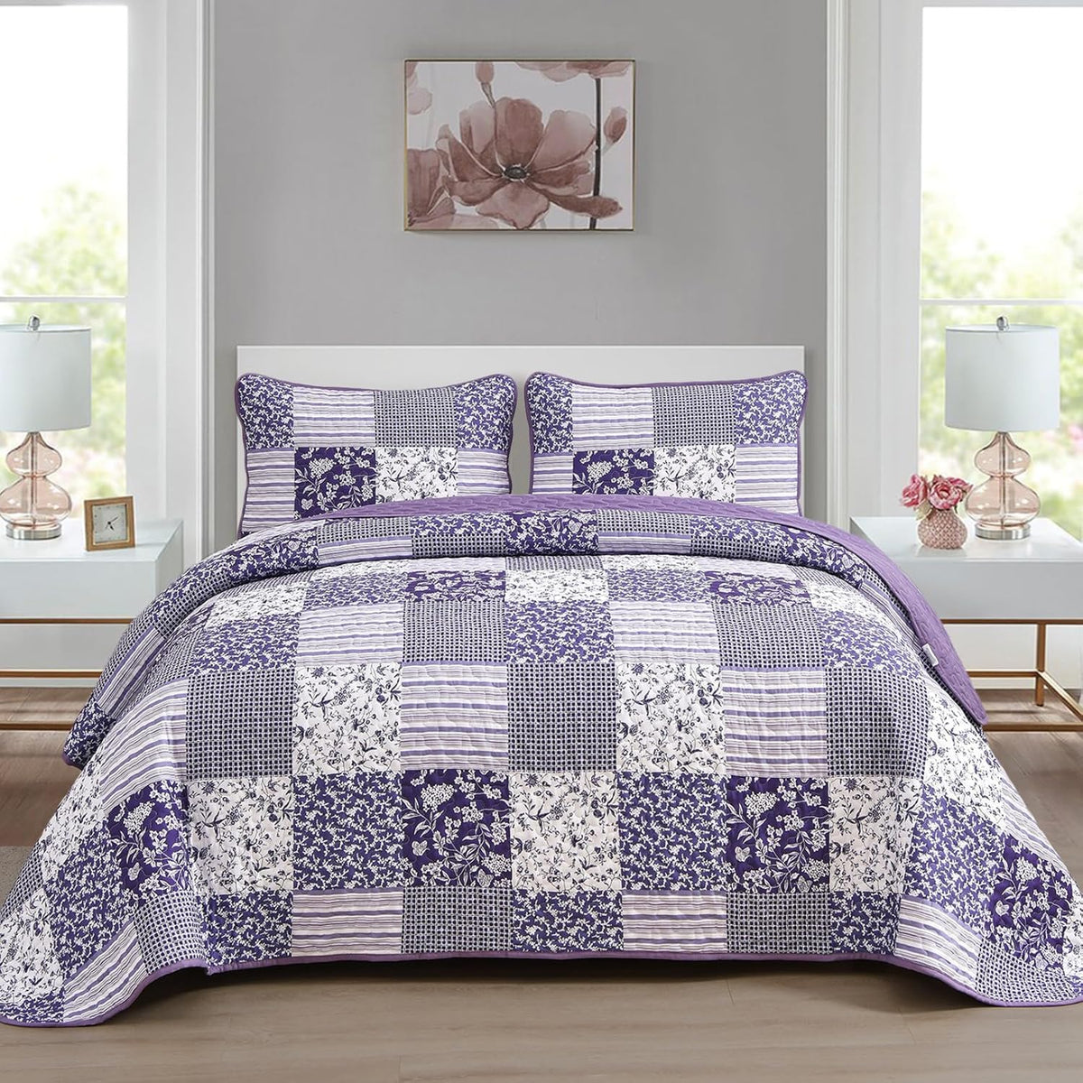 Mybedsoul Boho Quilts Queen Size, Patchwork Floral Bedding Set, Blue