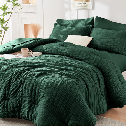 Full Comforter Set - 7PCS Bed in a Bag, Seersucker Bedding Set, Dark Grey