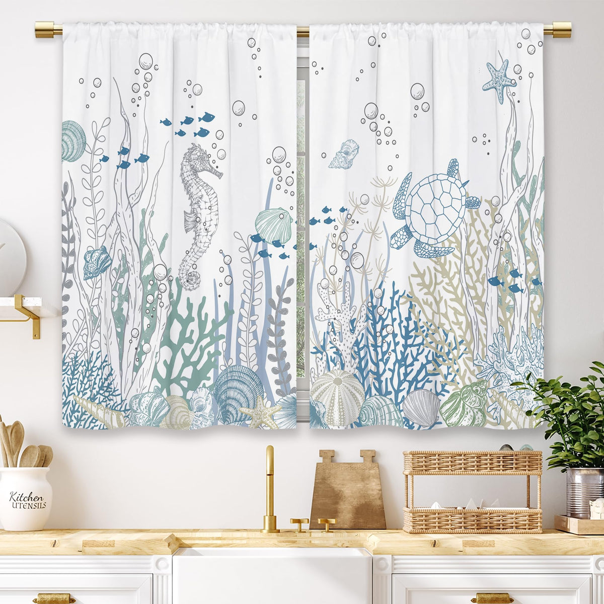 Teal Farmhouse Daisy Kitchen Curtains Wooden Flower Small Short Cafe Window Curtains Rustic Floral Butterfly Country Bathroom Drapes Treatment Tier Curtains 2 Panels (27.5x39 Inch)