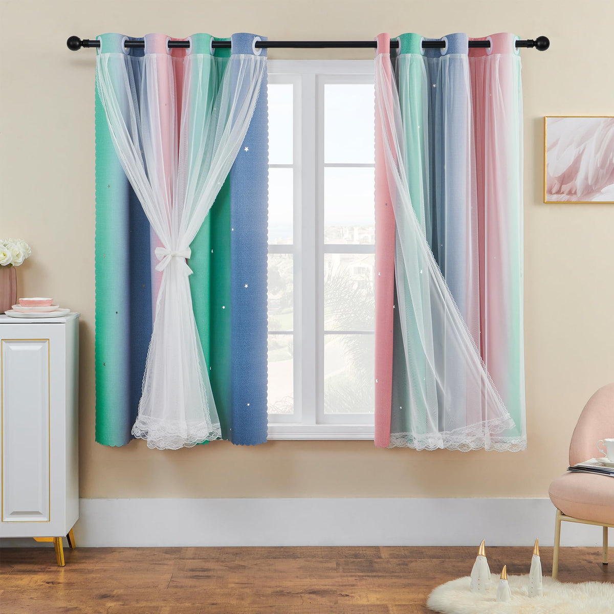 XiDi Curtains for Girls Bedroom Decor, Rainbow Blackout Curtains for Kids/Little Girl Room Decor, Unicorn Wall Decals,Pink Purple Green,63 x 34 inches,1 Panel