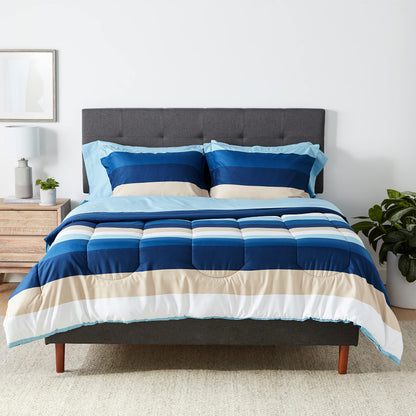 Amazon Basics 5-Piece Lightweight Microfiber Comforter Set with Sheets, Bed-in-a-Bag, Navy with Grey Plaid Bedding, Twin/Twin XL