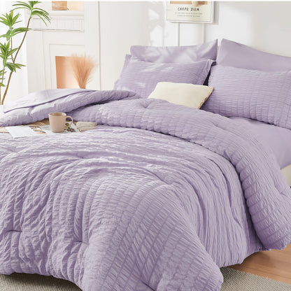 Queen Comforter Set - 7PCS Bed in a Bag, Seersucker Bedding Set, Beige