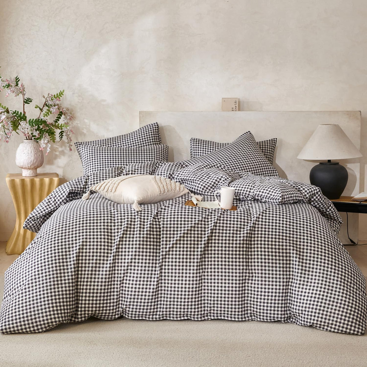Comforter Queen Set Grid Black 100% Soft Washed Microfiber Jacquard 3 Pieces Grid Bedding Sets Grey White Comforter Queen for All Seasons and 2 Pillowcases Comfort Breathable