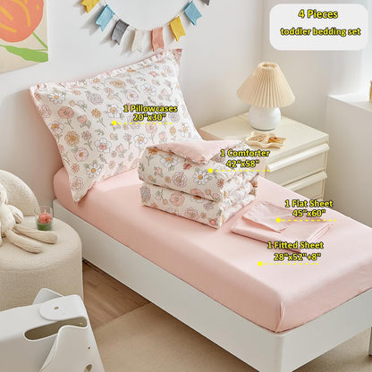DuShow Floral 4 Piece Girls Toddler Bed Comforter Set Pink Flower Reversible Toddler Bedding Set Soft Baby Crib Bed Sheets Set in a Bag | Include Quilt Comforter,Flat Sheet,Fitted Sheet,Pillowcase