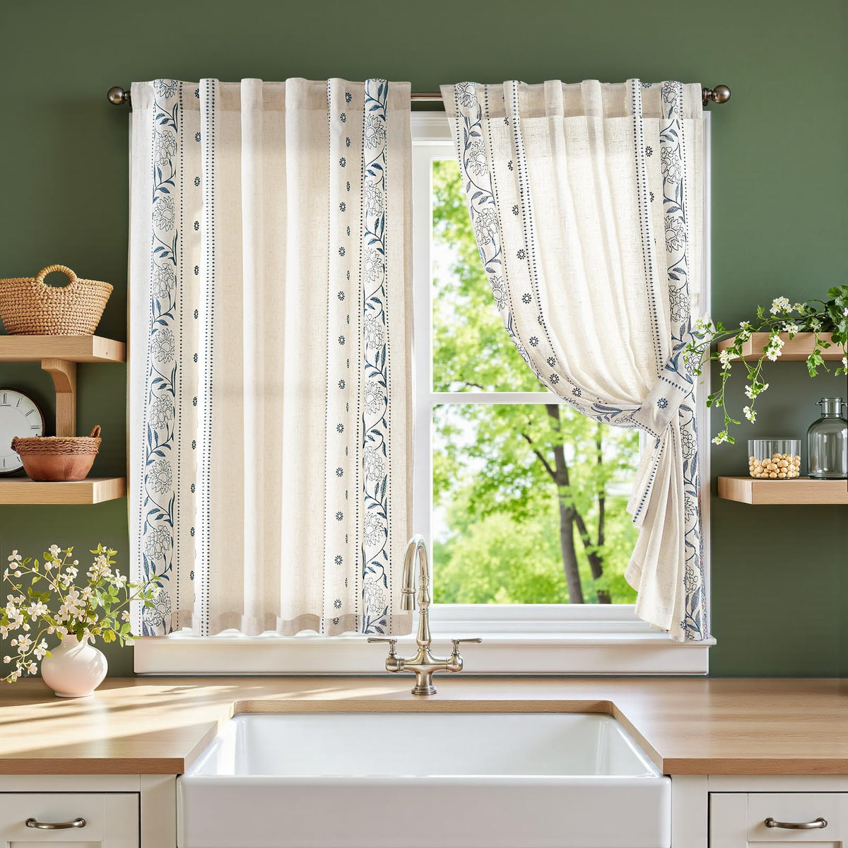 jinchan Beige Floral Linen Kitchen Tier Curtains 50x45 Inch 2 Panels