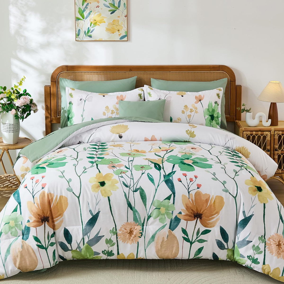 Annibedding Queen Comforter Set 8 Pieces Pink Floral Bed in Bag All Season