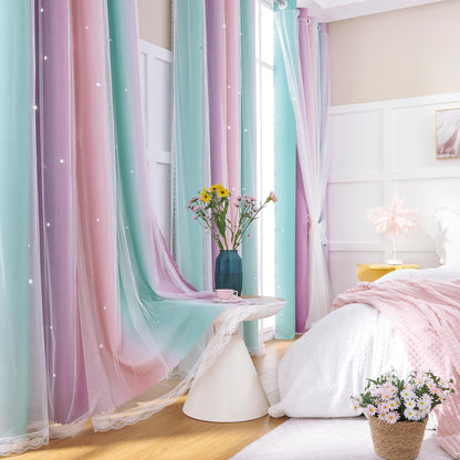 XiDi Curtains for Girls Bedroom Decor, Rainbow Blackout Curtains for Kids/Little Girl Room Decor, Unicorn Wall Decals,Pink Purple Green,63 x 34 inches,1 Panel