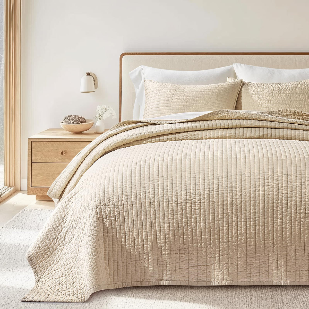 EVERGRACEHOME Cotton Sateen Quilt Set, Queen Size, Olive Green