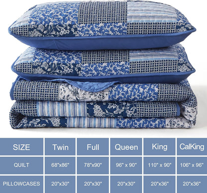 Mybedsoul Boho Quilts Queen Size, Patchwork Floral Bedding Set, Blue