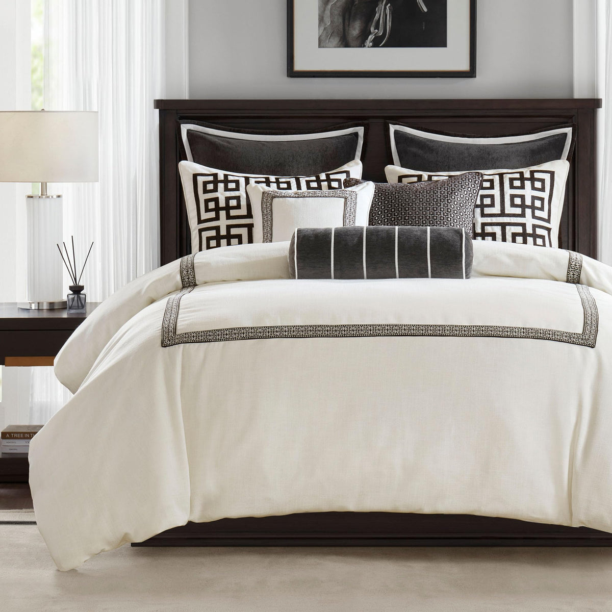 Madison Park Signature Oversized King Comforter Set, Luxury Hotel Style Bedding with Embroidered Details, All Season Down Alternative Comforter, Matching Shams & Decorative Pillows, Ivory/Tan, 9 Piece