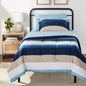 Amazon Basics Full/Queen Comforter Set with Sheets, 7-Piece Blue Stripe Bedding, Lightweight Microfiber Bed-in-a-Bag, Striped