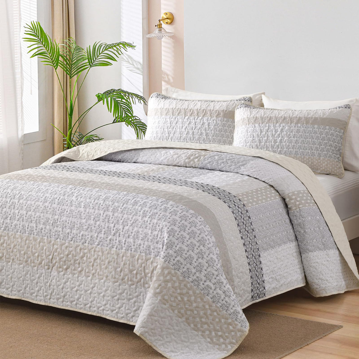 WONGS BEDDING Grey Queen Size Quilt Set, Boho Striped Bedspread