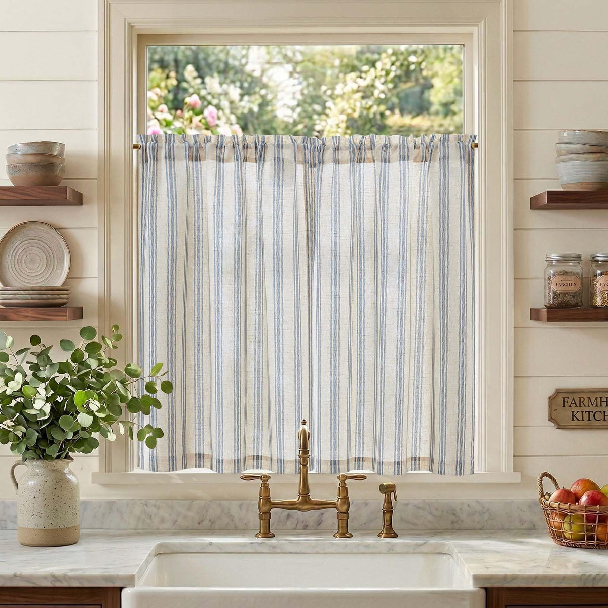 jinchan Linen Striped Tier Curtains for Kitchen Windows Green 26 x 24 inch