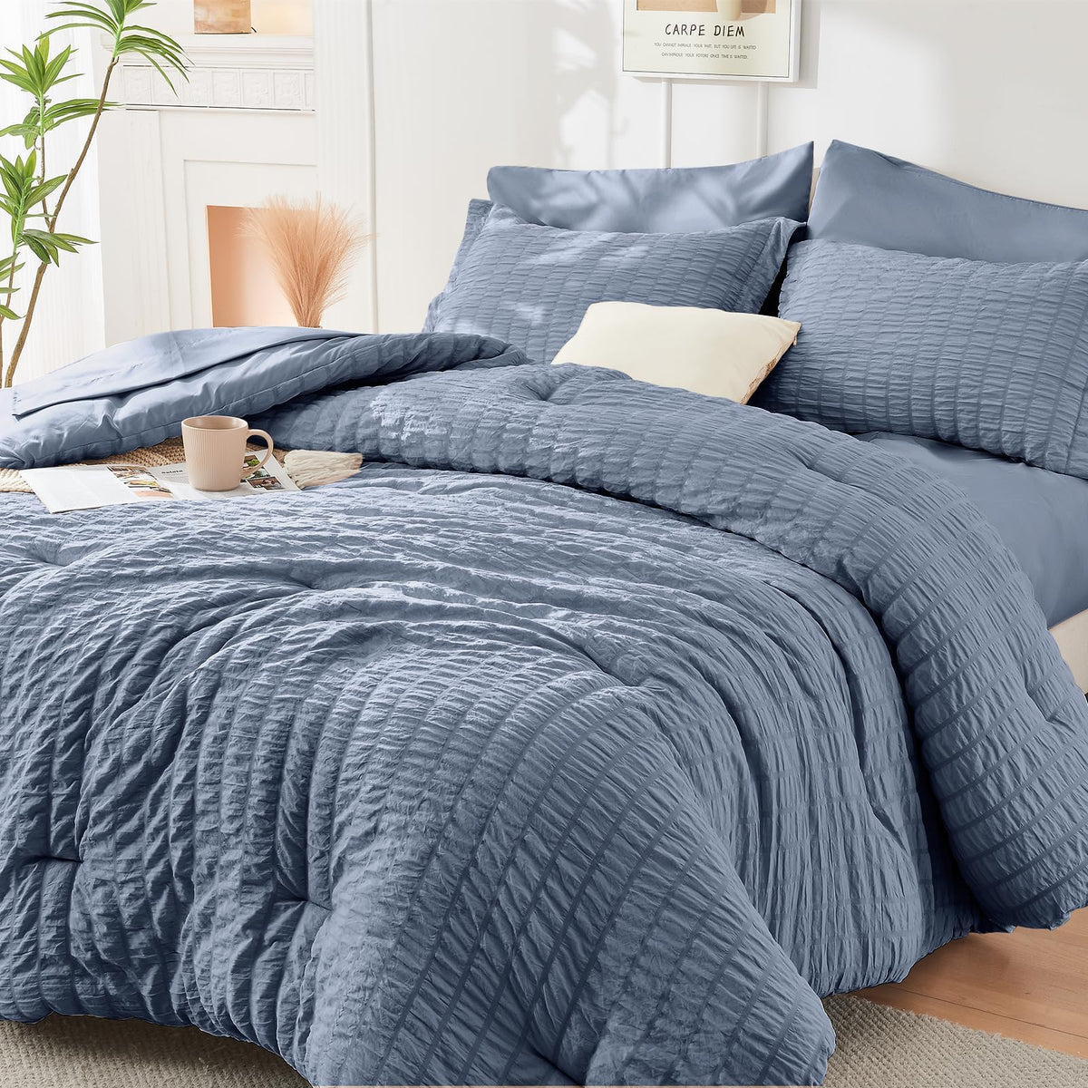 Full Comforter Set - 7PCS Bed in a Bag, Seersucker Bedding Set, Dark Grey