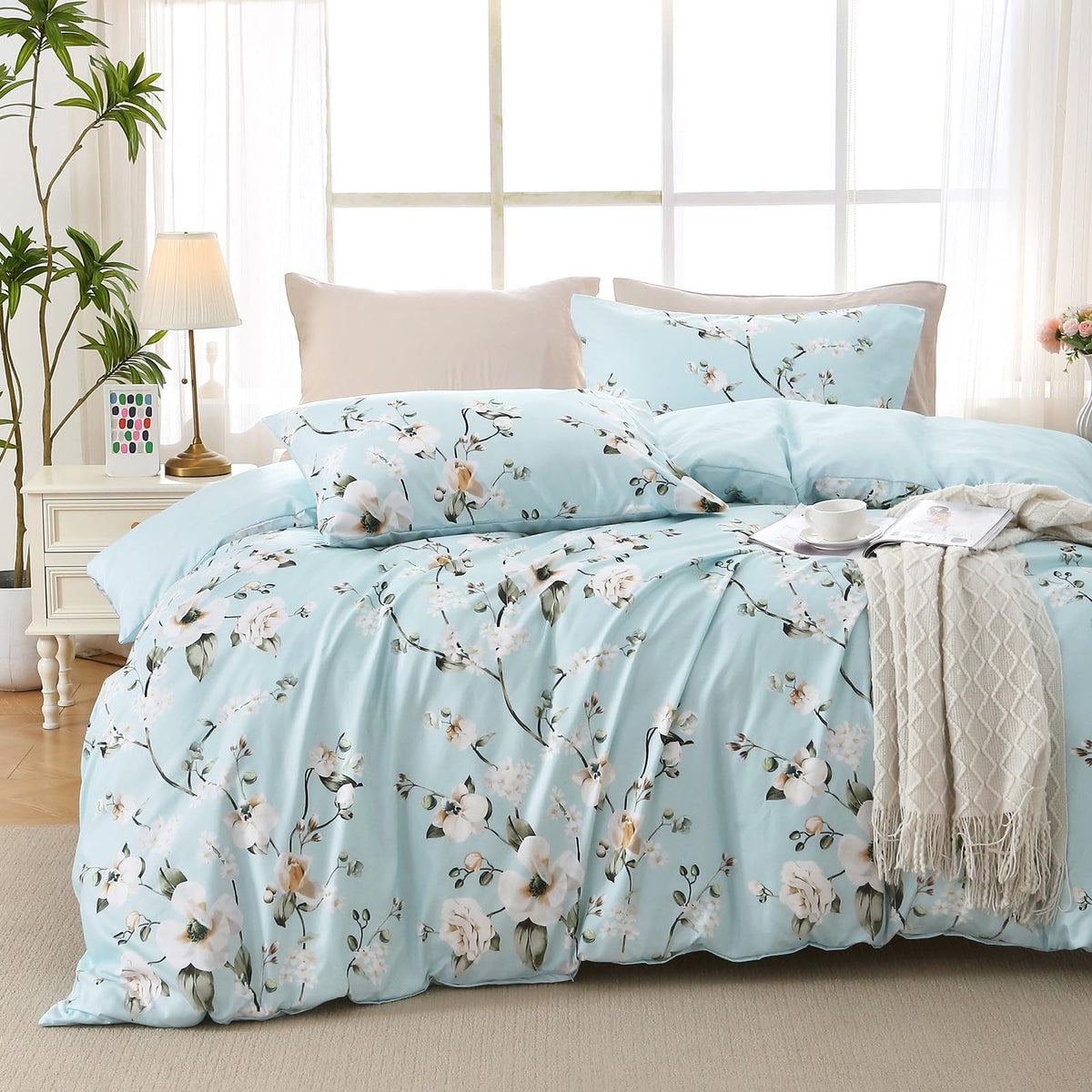 MUXHOMO Duvet Cover King Size, 3-Piece Floral Grey-Blue Bedding Set