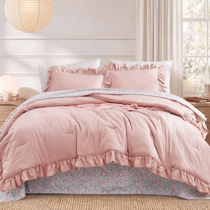 BLOOMHAVEN Queen Comforter Set-7 Pieces Ruffle Bedding with Floral Sheet