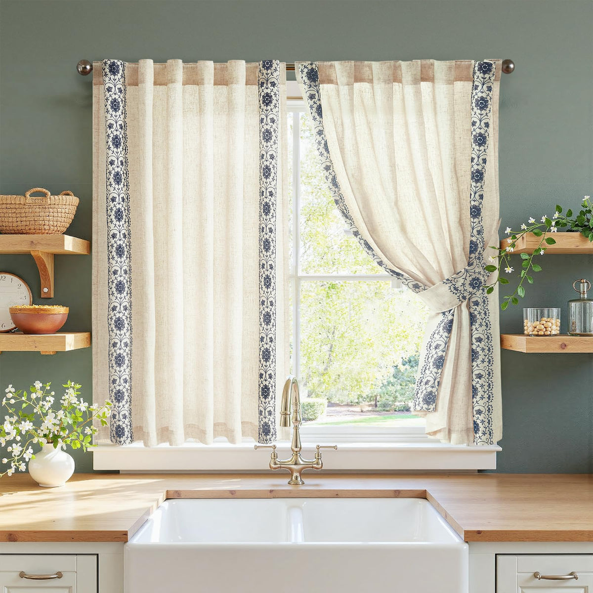 jinchan Beige Floral Linen Kitchen Tier Curtains 50x45 Inch 2 Panels