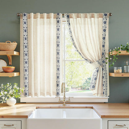 jinchan Beige Floral Linen Kitchen Tier Curtains 50x45 Inch 2 Panels
