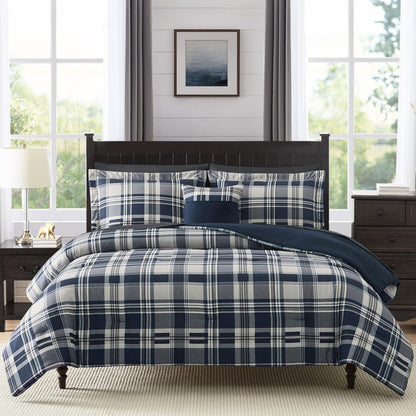 MaiRêve Plaid Queen Comforter Set Navy Blue 7 Pieces Bed in a Bag