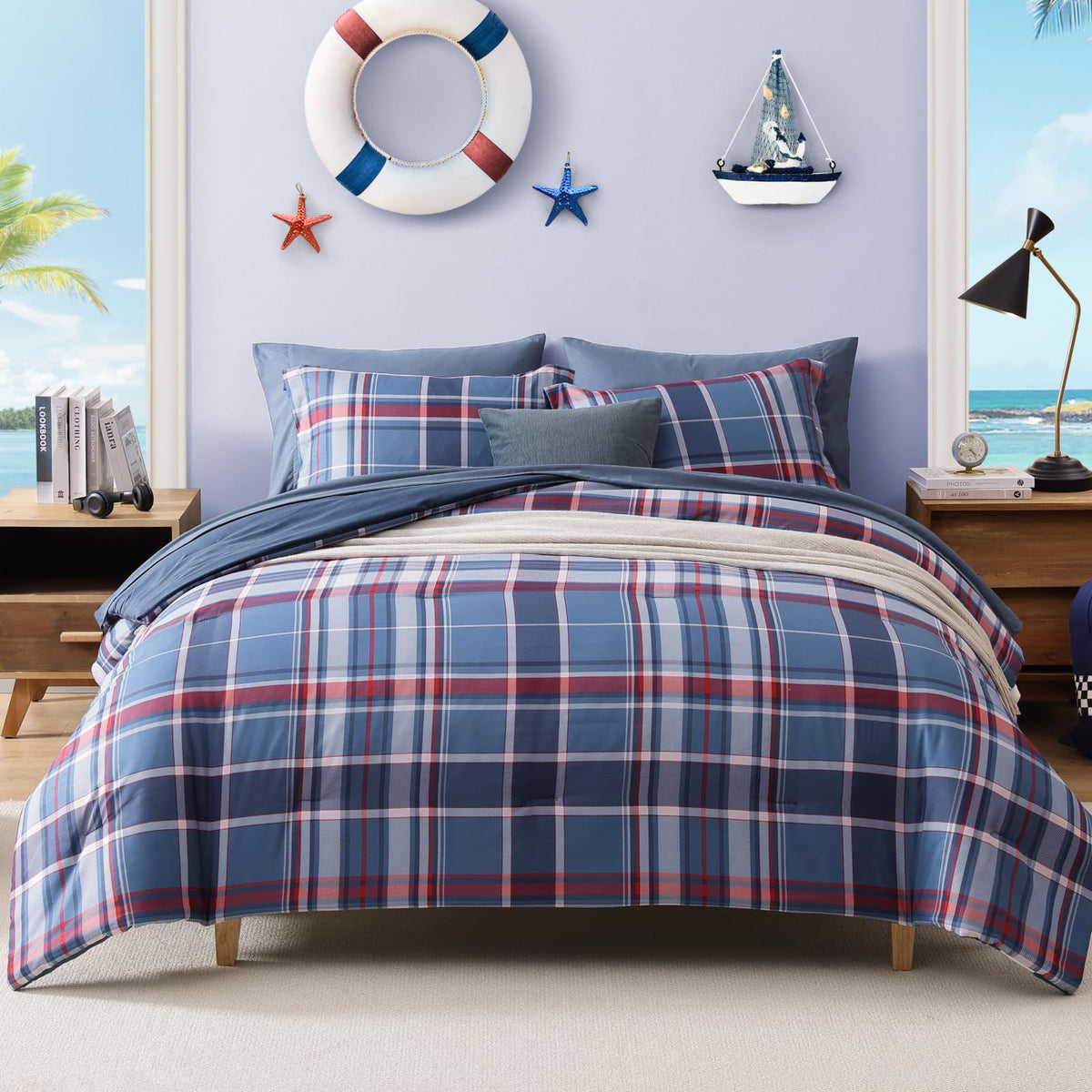 Plaid Full Size Comforter Set Blue Grey 7 Pieces Farmhouse Bed in a Bag