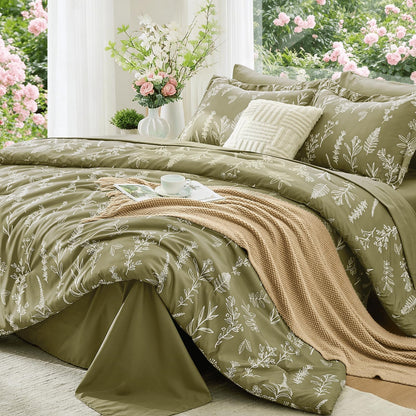 MUXHOMO Queen Comforter Set, 7-Piece Floral Bed in a Bag, Sage Green