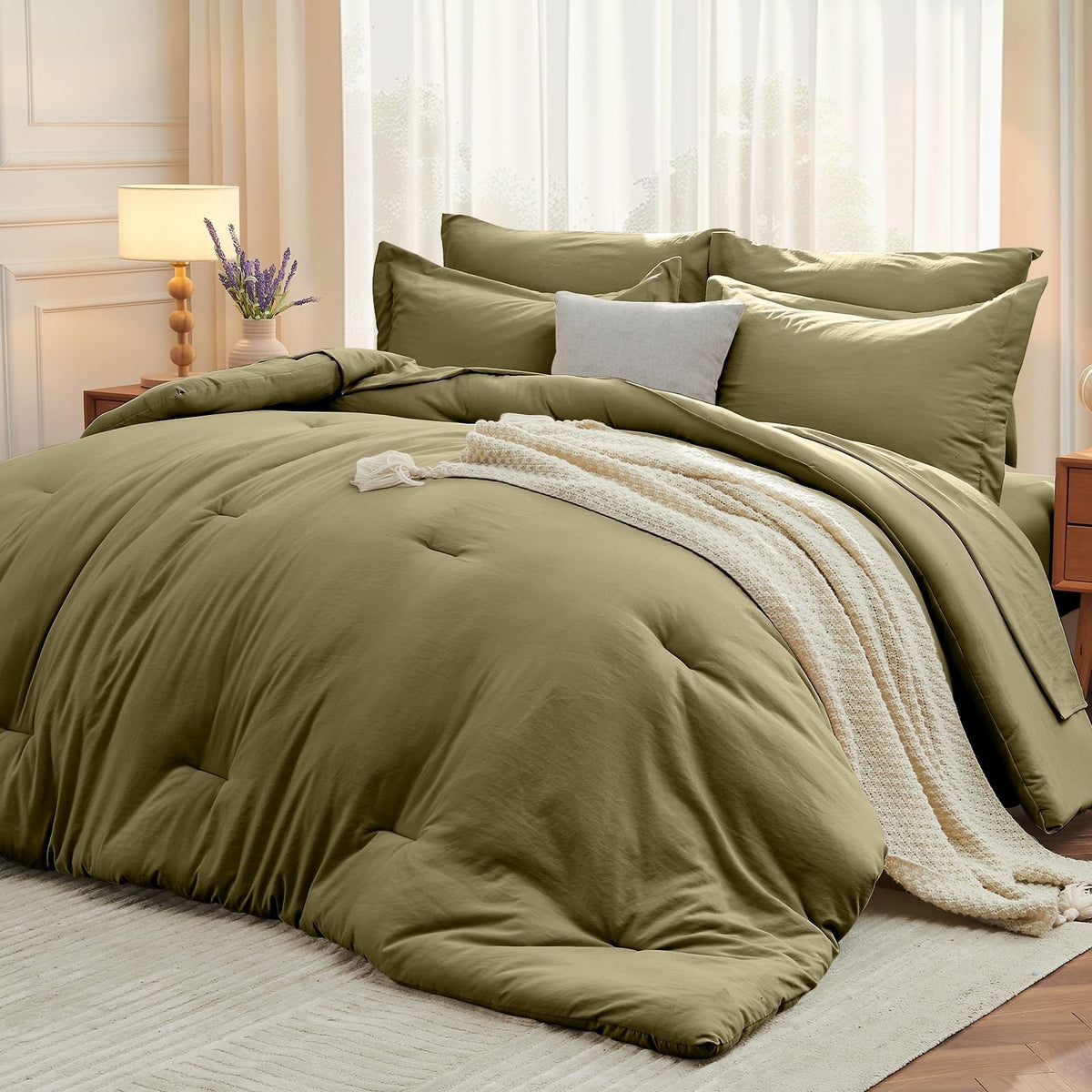 MUXHOMO Queen Comforter Set 7 Pieces, Soft Bed in a Bag, Olive Green