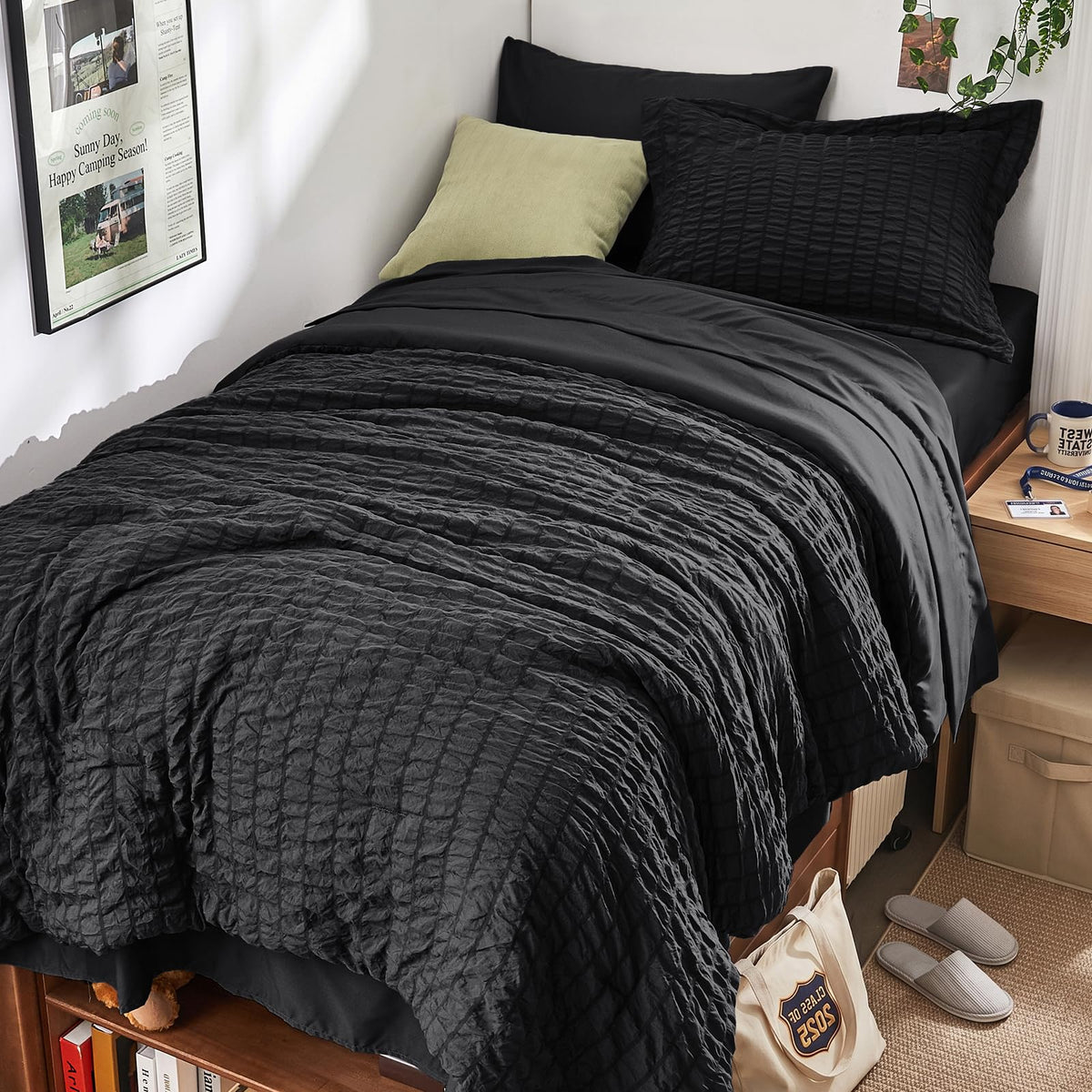 Full Comforter Set - 7PCS Bed in a Bag, Seersucker Bedding Set, Dark Grey