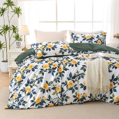 MUXHOMO Duvet Cover King Size, 3-Piece Floral Grey-Blue Bedding Set