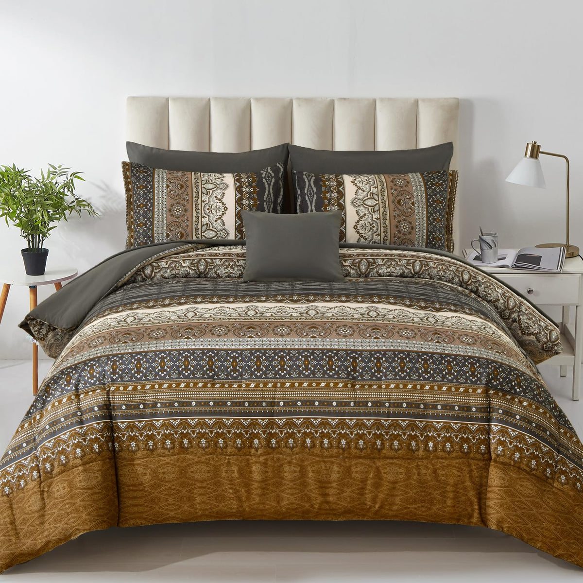 Cottolester Boho Comforter Set Queen Size 8 Piece Bed in a Bag Bohemian Striped Bedding Quilt Set Aqua Paisley Floral Comforter and Sheet Set,Soft Microfiber Complete Bedding Sets for All Season