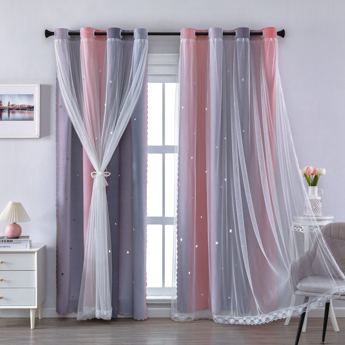 XiDi Blackout Curtains for Girls Bedroom Decor Pink Kids Rainbow Curtains