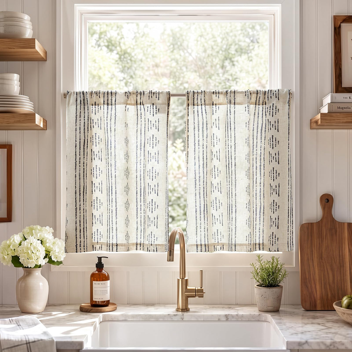 jinchan Linen Striped Tier Curtains for Kitchen Windows Green 26 x 24 inch