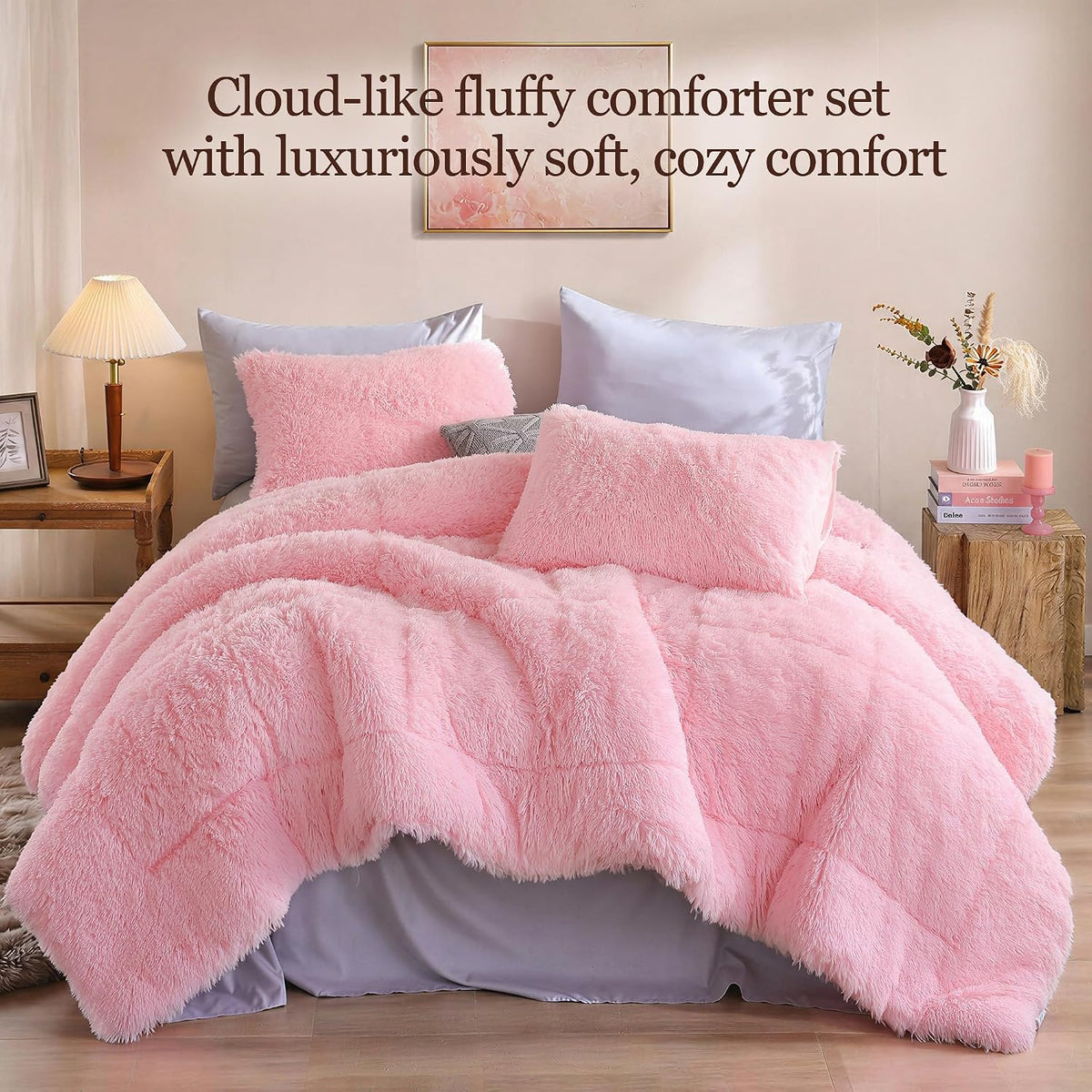 Smoofy Fluffy Queen Comforter Set, Faux Fur Pink Comforter Set 3 Pcs