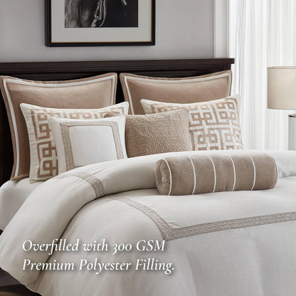 Madison Park Signature Oversized King Comforter Set, Luxury Hotel Style Bedding with Embroidered Details, All Season Down Alternative Comforter, Matching Shams & Decorative Pillows, Ivory/Tan, 9 Piece