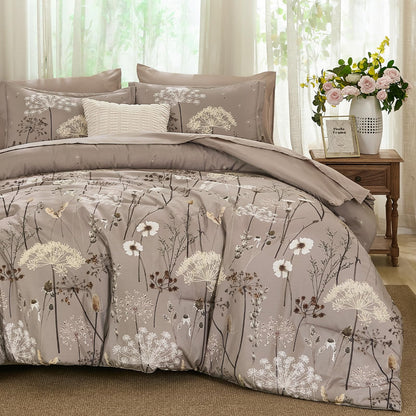Yiran Queen Comforter Set, 7 Piece Floral Dark Green Dandelion Bed in a Bag