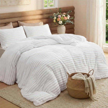Bedsure Large Queen Fluffy Comforter Set, Cozy Fleece Cream White Bedding