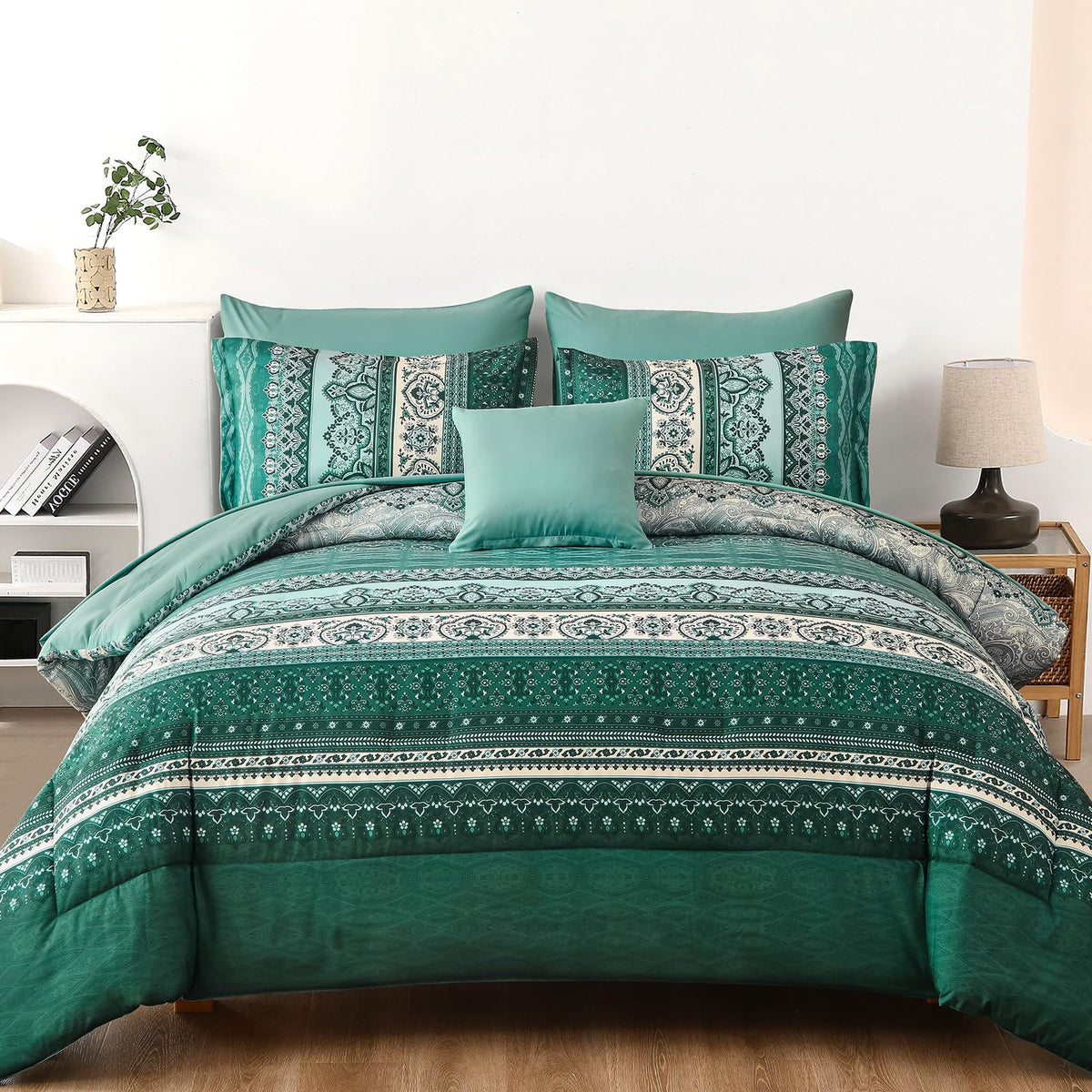 Cottolester Boho Comforter Set Queen Size 8 Piece Bed in a Bag Bohemian Striped Bedding Quilt Set Aqua Paisley Floral Comforter and Sheet Set,Soft Microfiber Complete Bedding Sets for All Season
