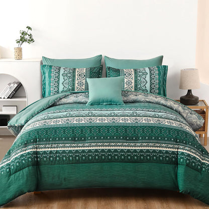 Cottolester Boho Comforter Set Queen Size 8 Piece Bed in a Bag Bohemian Striped Bedding Quilt Set Aqua Paisley Floral Comforter and Sheet Set,Soft Microfiber Complete Bedding Sets for All Season
