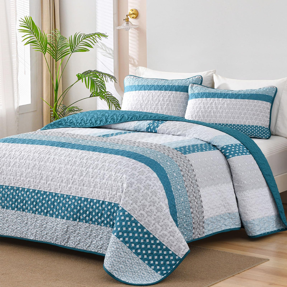 WONGS BEDDING Grey Queen Size Quilt Set, Boho Striped Bedspread