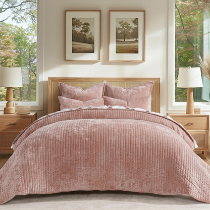 EverGrace Stripe Channel Luxury Velvet Quilt Set King Size, Beige Taupe