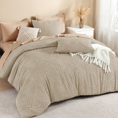 Litanika King Size Comforter Set, 3 Pieces Beige Tufted Boho Bedding Set