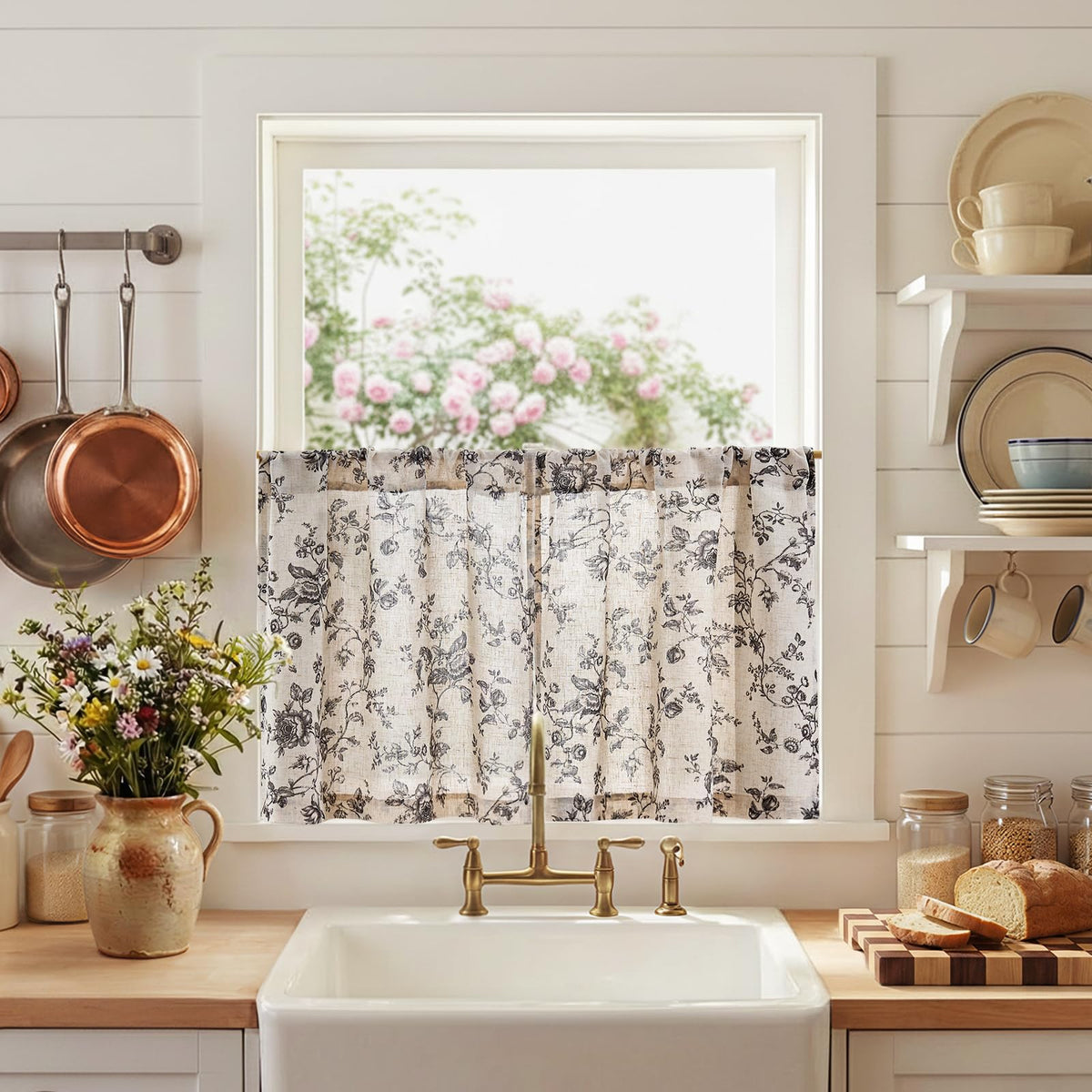 jinchan Floral Linen Kitchen Tier Curtains, 24 Inch, 2 Panels, Green
