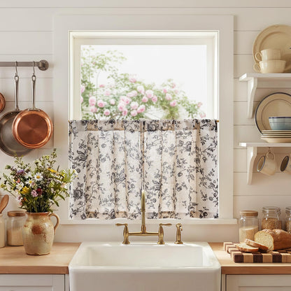 jinchan Floral Linen Kitchen Tier Curtains, 24 Inch, 2 Panels, Green