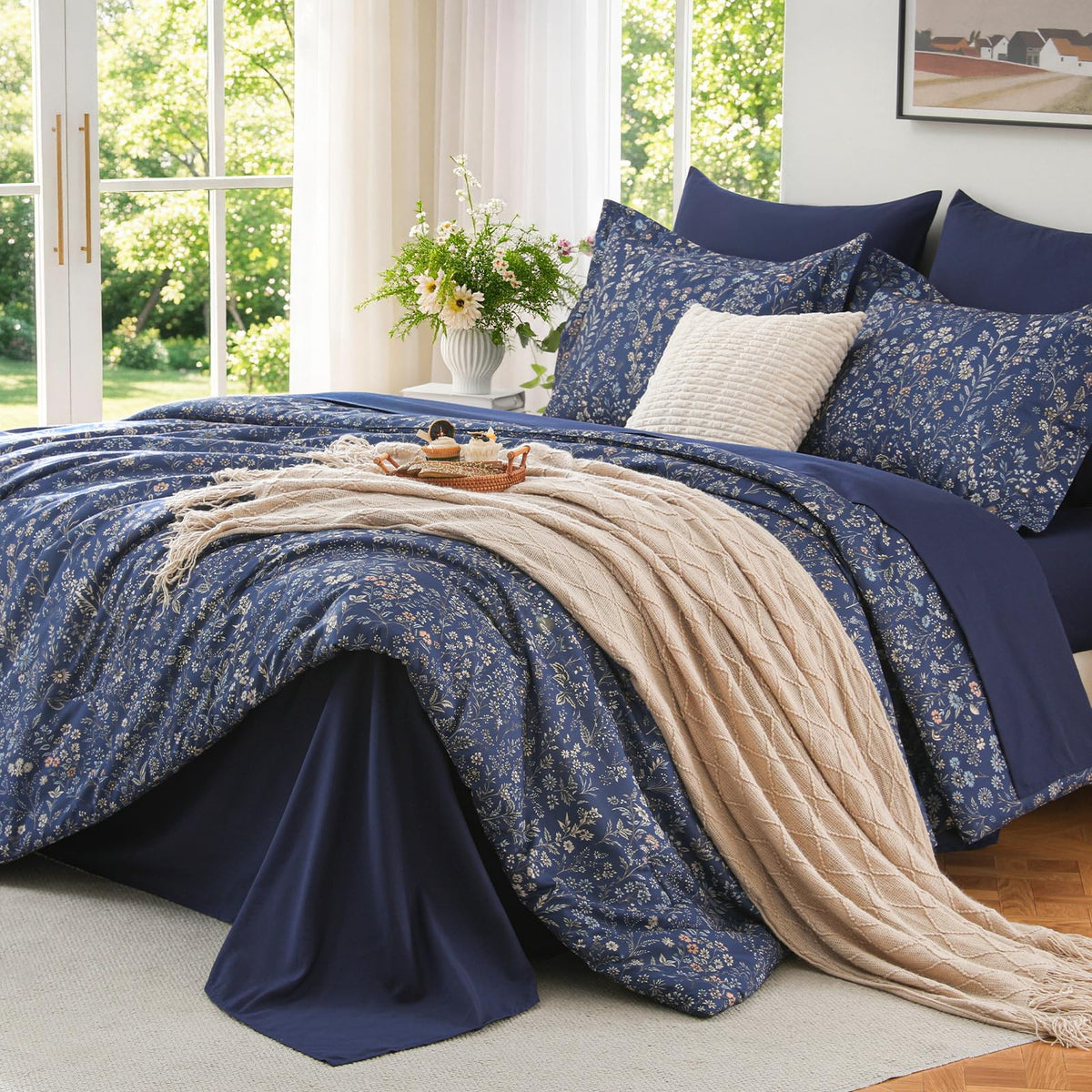 MUXHOMO Queen Comforter Set, 7-Piece Floral Bed in a Bag, Sage Green
