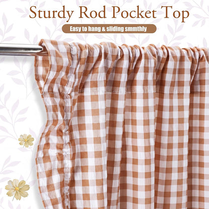 Brown White Gingham Kitchen Curtains 36" Buffalo Plaid Ruffle Cafe Curtains
