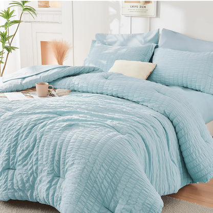 Full Comforter Set - 7PCS Bed in a Bag, Seersucker Bedding Set, Dark Grey