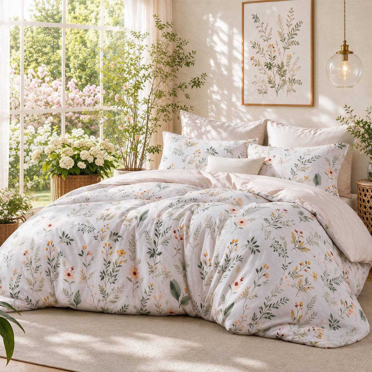 MUXHOMO Queen Comforter Set, 7-Piece Floral Bed in a Bag, Sage Green