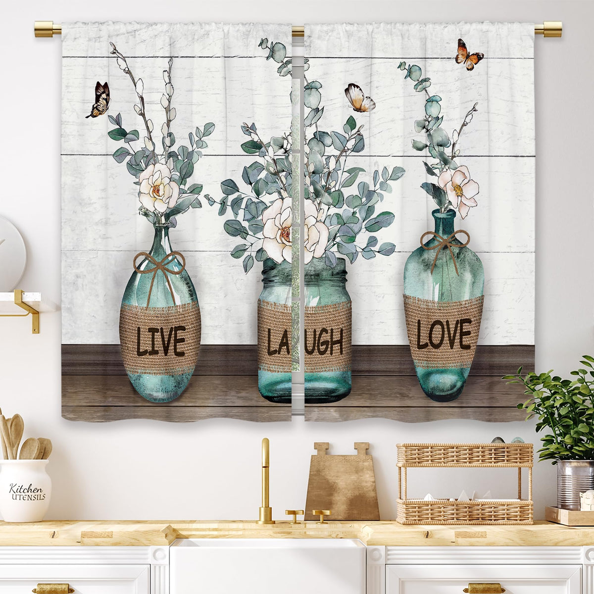 Teal Farmhouse Daisy Kitchen Curtains Wooden Flower Small Short Cafe Window Curtains Rustic Floral Butterfly Country Bathroom Drapes Treatment Tier Curtains 2 Panels (27.5x39 Inch)