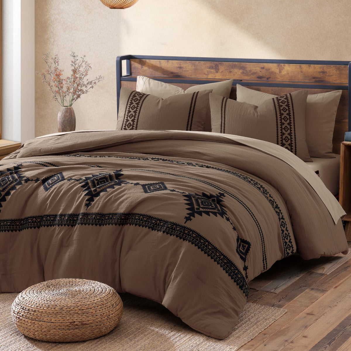 MaiRêve Embroidery Queen Comforter Set 7 Pieces Burnt Orange Bed in a Bag