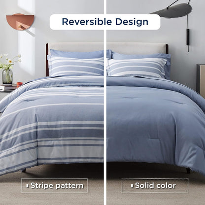 Bedsure Queen Comforter Set, Blue Striped Bedding Set, 7 Piece